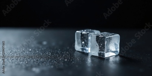 Two Crystal-Clear Ice Cubes Resting on a Dark Surface with Water Droplets