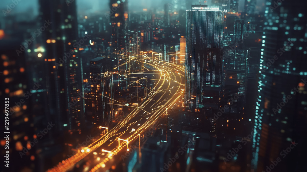 Obraz premium Smart digital Innovation city with connection network reciprocity over the twilight cityscape. of future smart wireless digital city and social media networking systems that connects people with city 