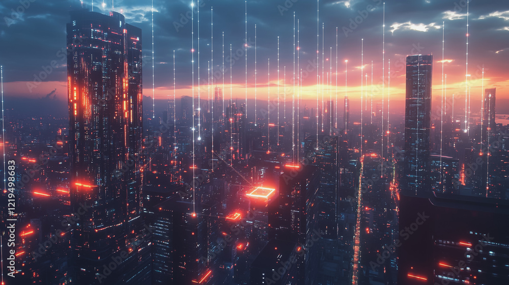 Fototapeta premium Smart digital Innovation city with connection network reciprocity over the twilight cityscape. of future smart wireless digital city and social media networking systems that connects people with city 