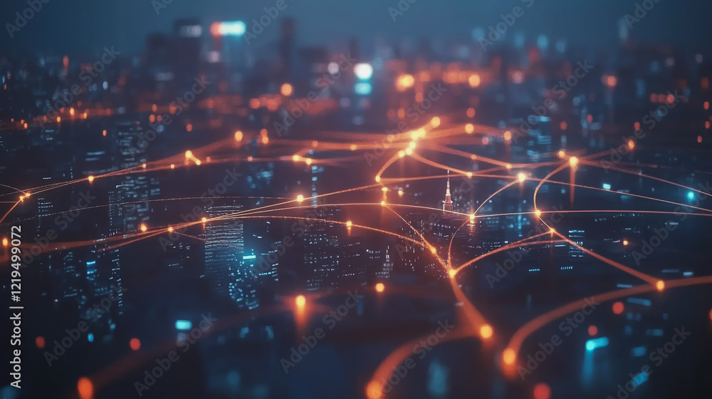 Fototapeta premium Smart digital Innovation city with connection network reciprocity over the twilight cityscape. of future smart wireless digital city and social media networking systems that connects people with city 