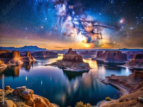 Stunning Night Sky over Lake Powell, Alstrom Point, Arizona: Starry Landscape Photography photo