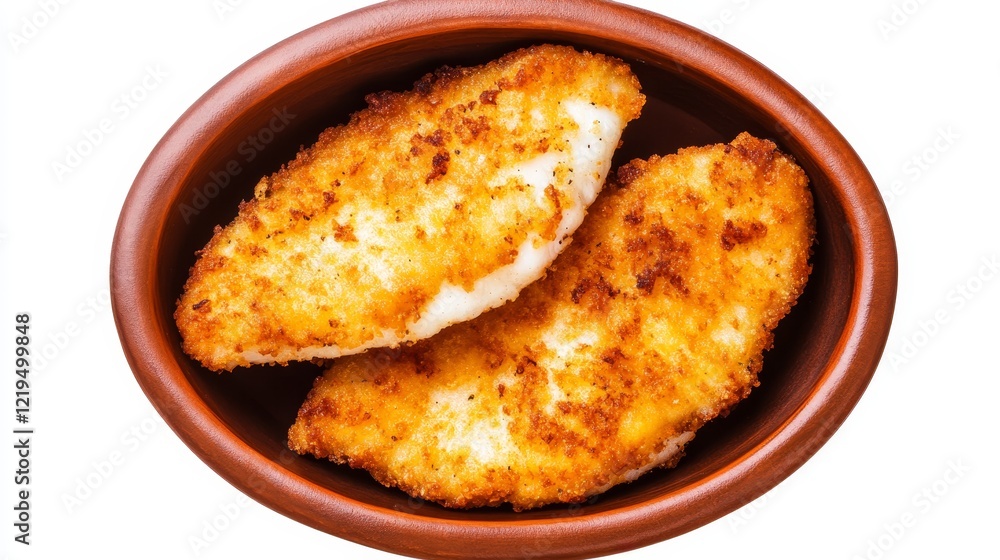 Crispy Breaded Fish Fillets - Two golden-brown breaded fish fillets in a rustic bowl, ready to eat. A delicious and simple meal. Crispy Breaded Fish Fillets - Two golden-brown breaded fish fillets in a rustic bowl, ready to eat. A delicious and simple meal.