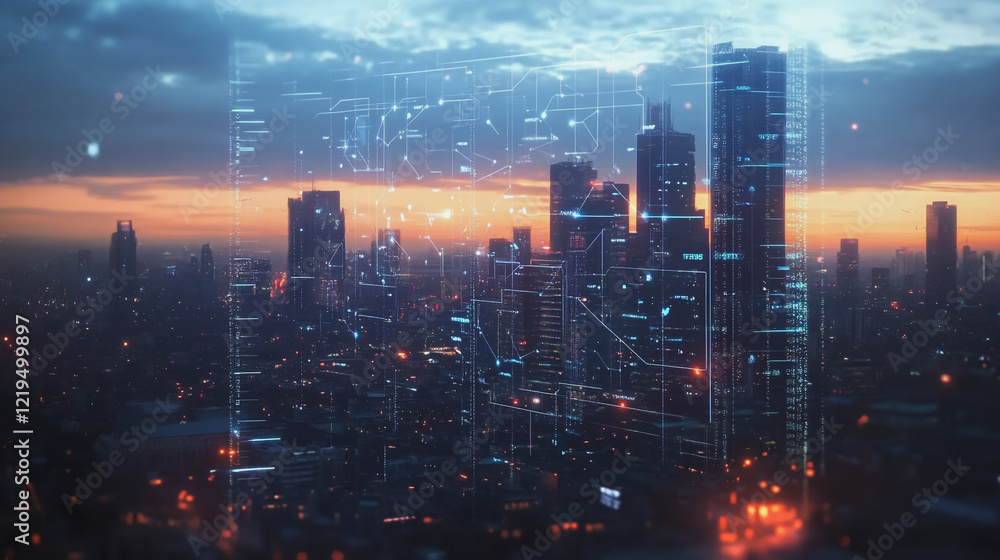 Smart digital Innovation city with connection network reciprocity over the twilight cityscape. of future smart wireless digital city and social media networking systems that connects people with city
Smart digital Innovation city with connection network reciprocity over the twilight cityscape. of future smart wireless digital city and social media networking systems that connects people with city