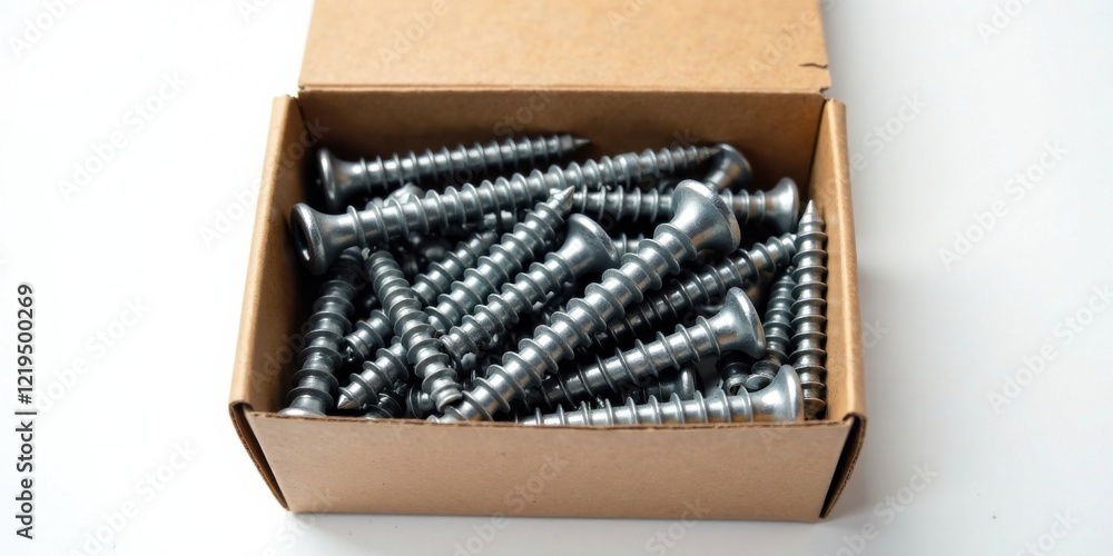 A Cardboard Box Filled with Numerous Shiny Metal Screws for Construction and Repair Projects A Cardboard Box Filled with Numerous Shiny Metal Screws for Construction and Repair Projects