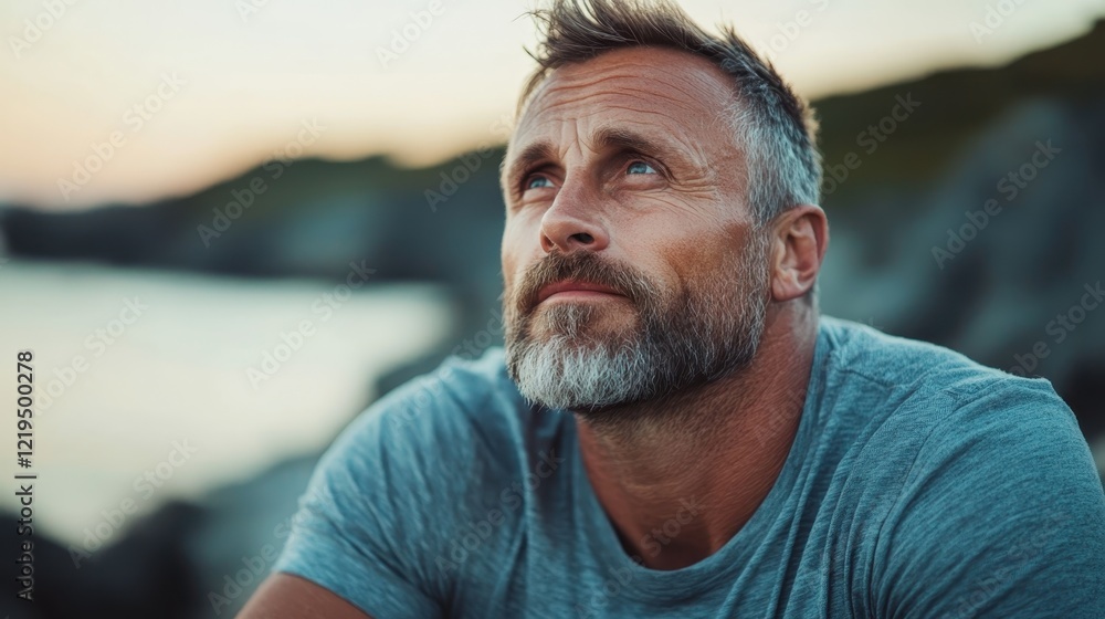 A thoughtful man with a beard sits on the edge of the shore, reflecting on life as the sunset casts a beautiful glow over the tranquil water, embodying peace and contemplation. A thoughtful man with a beard sits on the edge of the shore, reflecting on life as the sunset casts a beautiful glow over the tranquil water, embodying peace and contemplation.