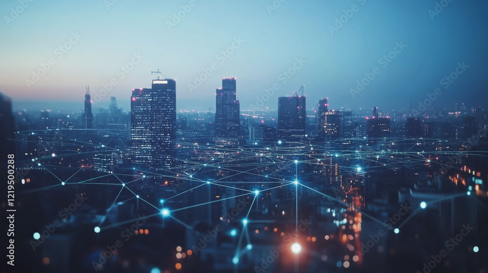 Fototapeta premium Smart digital Innovation city with connection network reciprocity over the twilight cityscape. of future smart wireless digital city and social media networking systems that connects people with city 