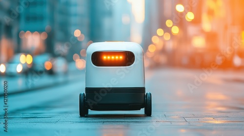 Fototapeta Naklejka Na Ścianę i Meble -  A small delivery robot navigates a city street, illuminated by ambient urban lights, showcasing modern technology in everyday life.