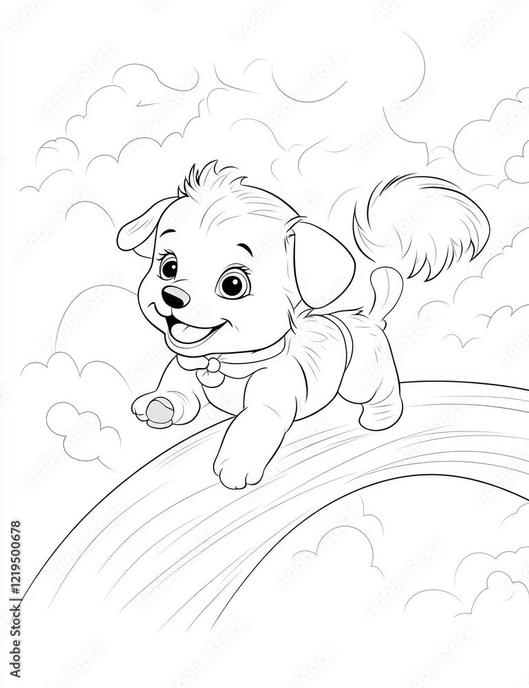 Fototapeta premium Puppy walking rainbow, clouds background, children's coloring page