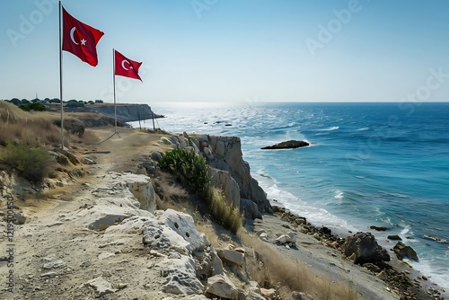 Turkish flag on the background of the sea and blue sky with clouds