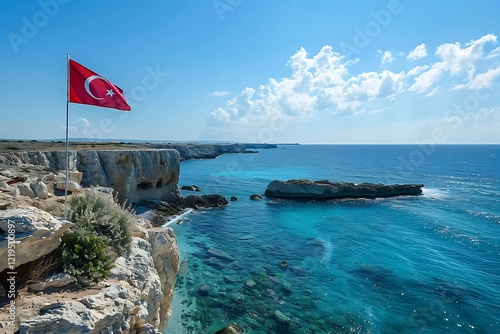 Turkish flag on the background of the sea and blue sky with clouds