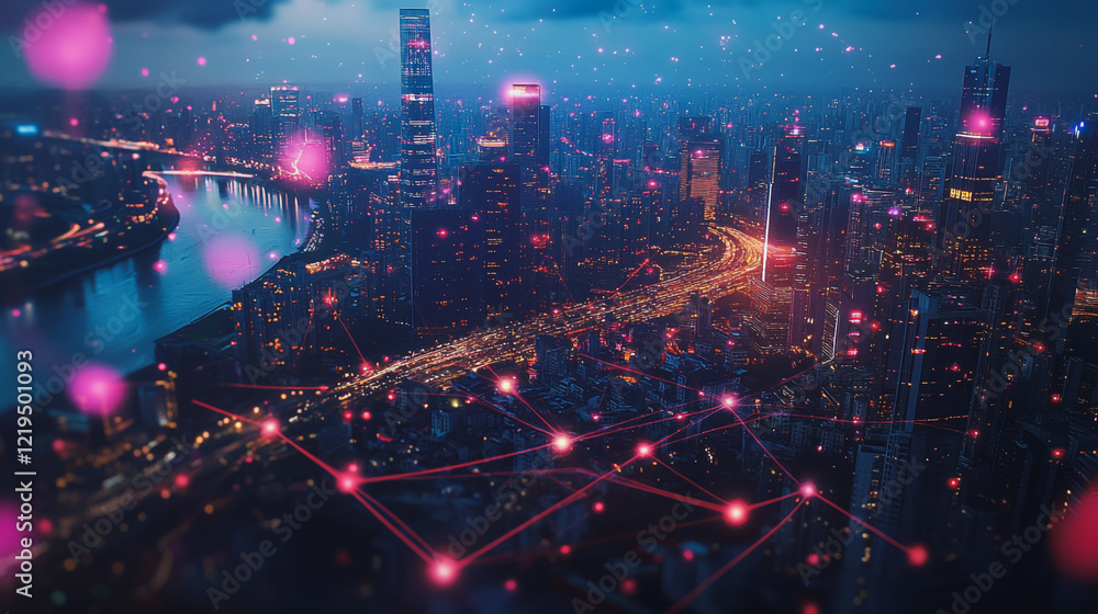 Obraz premium Smart digital Innovation city with connection network reciprocity over the twilight cityscape. of future smart wireless digital city and social media networking systems that connects people with city 