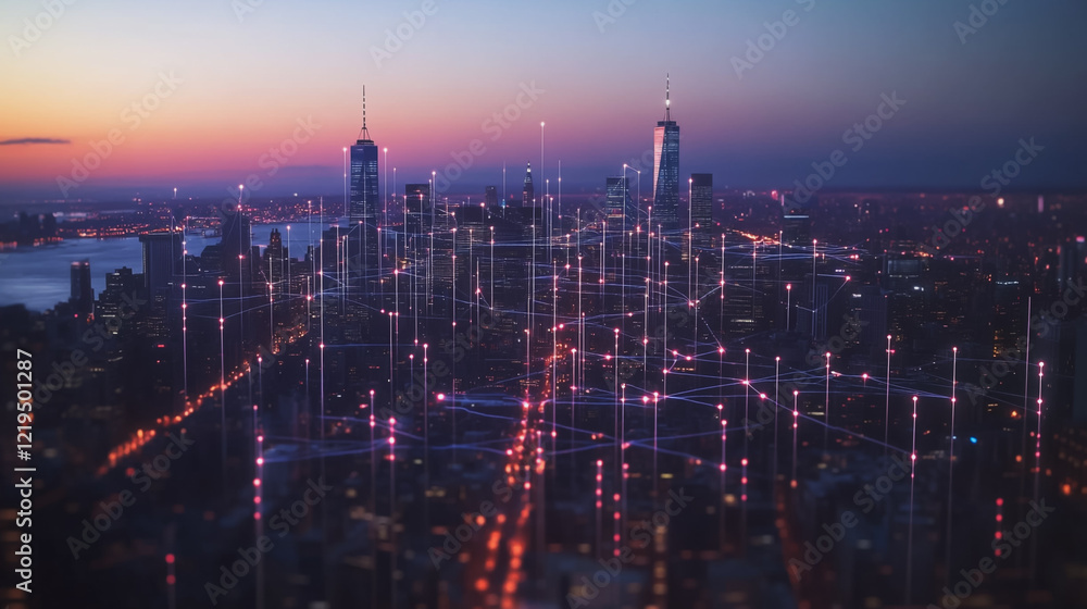 Obraz premium Smart digital Innovation city with connection network reciprocity over the twilight cityscape. of future smart wireless digital city and social media networking systems that connects people with city 