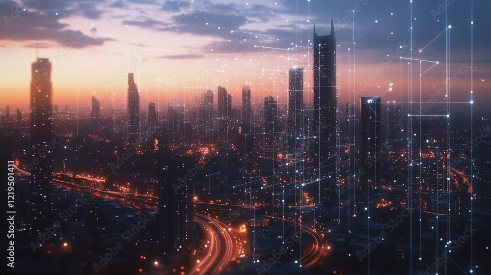 Fototapeta premium Smart digital Innovation city with connection network reciprocity over the twilight cityscape. of future smart wireless digital city and social media networking systems that connects people with city 