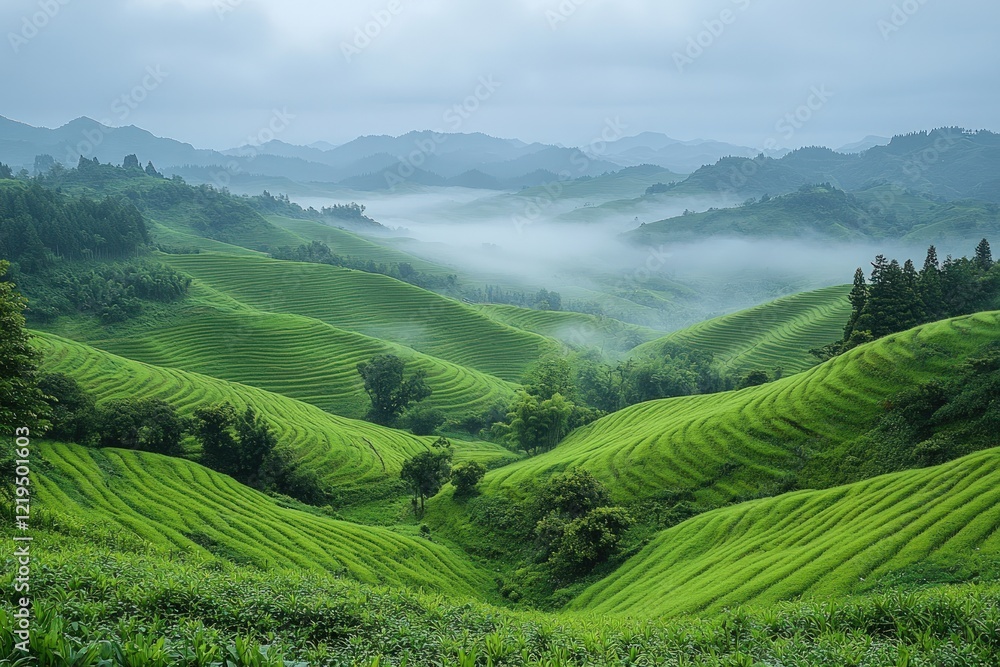 Misty green terraced hills, distant mountains. Misty green terraced hills, distant mountains.