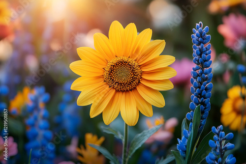 Golden Sunflower Blooms Amidst Vibrant Blue Flowers