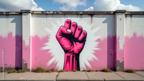 In powerful pink and white hues, the Feminist Fist on a graffiti-marked wall proclaims International Women’s Day, bridging art and activism in every concrete stroke. photo