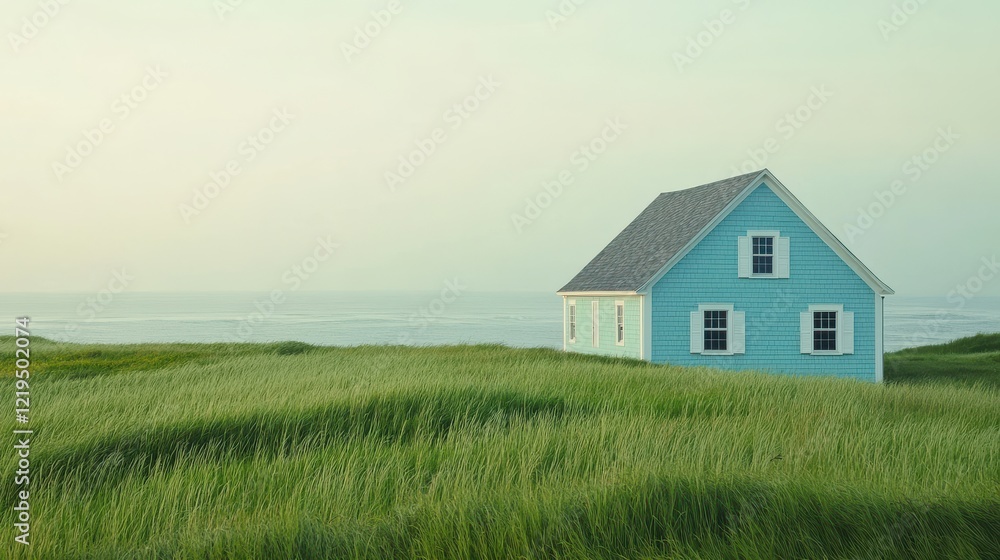 Tranquil blue house amid tall green grass at seaside serenity Tranquil blue house amid tall green grass at seaside serenity