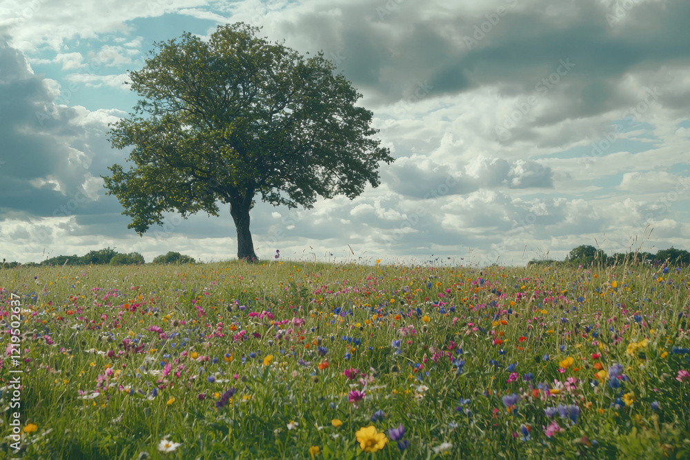 Fototapeta premium A lush field of vibrant flowers with a solitary tree and calm, picturesque surroundings.