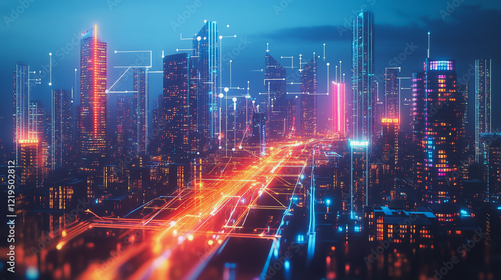 Obraz premium Smart digital Innovation city with connection network reciprocity over the twilight cityscape. of future smart wireless digital city and social media networking systems that connects people with city