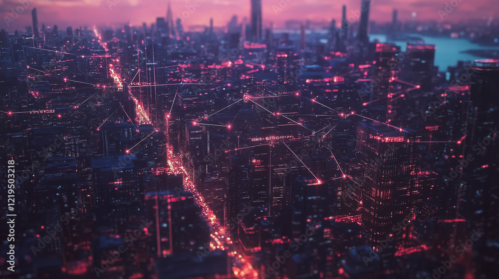 Fototapeta premium Smart digital Innovation city with connection network reciprocity over the twilight cityscape. of future smart wireless digital city and social media networking systems that connects people with city 