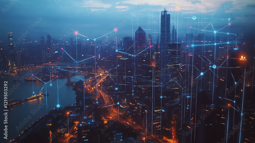 custom made wallpaper toronto digitalSmart digital Innovation city with connection network reciprocity over the twilight cityscape. of future smart wireless digital city and social media networking systems that connects people with city
