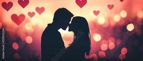 Silhouettes of a couple kissing with floating hearts in the background-1