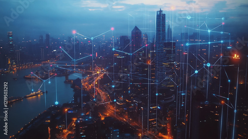 Wallpaper Mural Smart digital Innovation city with connection network reciprocity over the twilight cityscape. of future smart wireless digital city and social media networking systems that connects people with city
 Torontodigital.ca