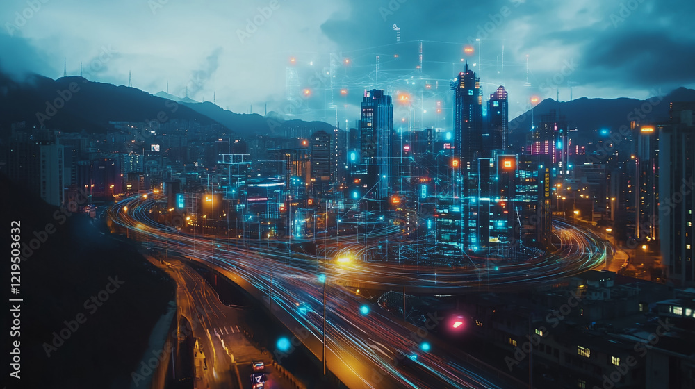 Smart digital Innovation city with connection network reciprocity over the twilight cityscape. of future smart wireless digital city and social media networking systems that connects people with city
Smart digital Innovation city with connection network reciprocity over the twilight cityscape. of future smart wireless digital city and social media networking systems that connects people with city