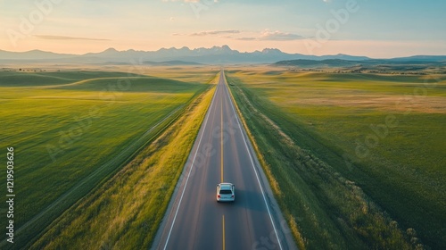 Scenic Road Trip: A lone car drives along a long, straight highway across a vast, green landscape.
