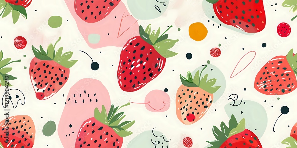 Playful strawberry pattern with abstract shapes and doodles in pastel colors perfect for fabric, wallpaper, and summer designs. Seamless repeat for creative projects.