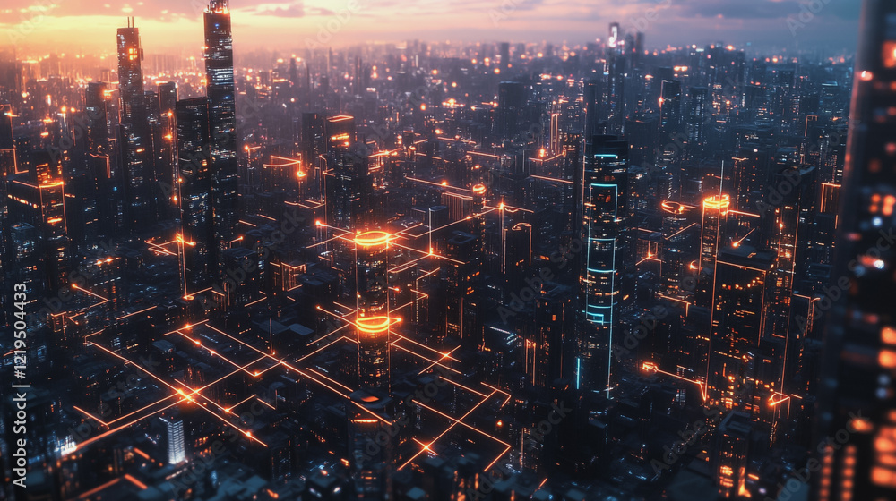 Fototapeta premium Smart digital Innovation city with connection network reciprocity over the twilight cityscape. of future smart wireless digital city and social media networking systems that connects people with city