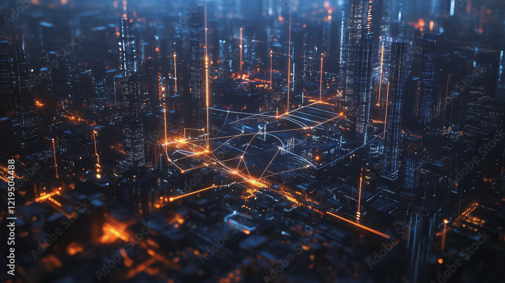 Fototapeta premium Smart digital Innovation city with connection network reciprocity over the twilight cityscape. of future smart wireless digital city and social media networking systems that connects people with city 