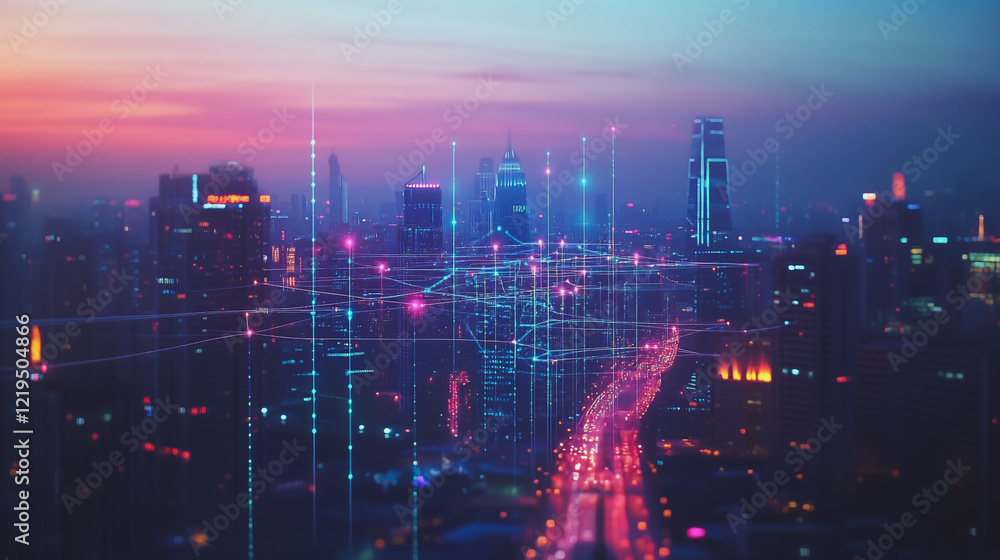 Fototapeta premium Smart digital Innovation city with connection network reciprocity over the twilight cityscape. of future smart wireless digital city and social media networking systems that connects people with city 