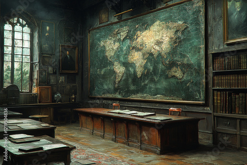 A Dark Old Library With A Large World Map