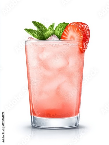 Refreshing Strawberry Mint Drink - Iced strawberry drink garnished with mint and strawberry slice. Perfect summer refreshment. photo