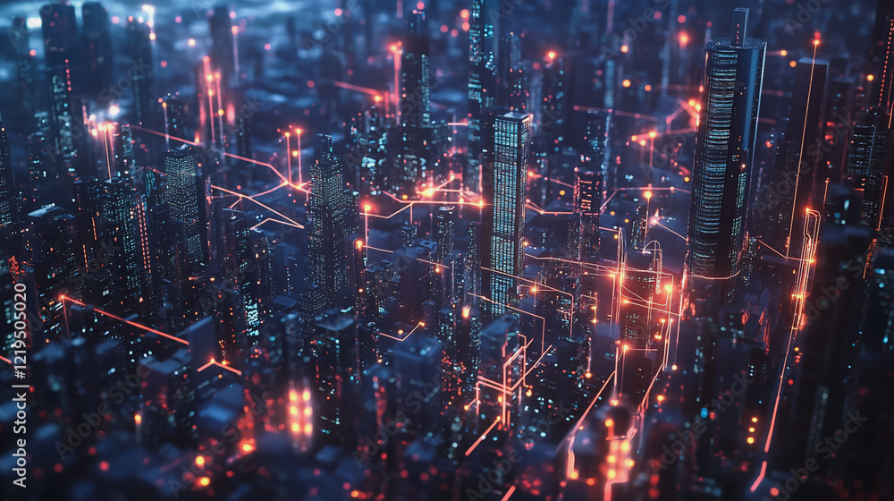 Fototapeta premium Smart digital Innovation city with connection network reciprocity over the twilight cityscape. of future smart wireless digital city and social media networking systems that connects people with city 
