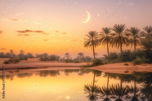Crescent Moon and Star Reflect in a Tranquil Desert Oasis Framed by Palm Trees at Dusk