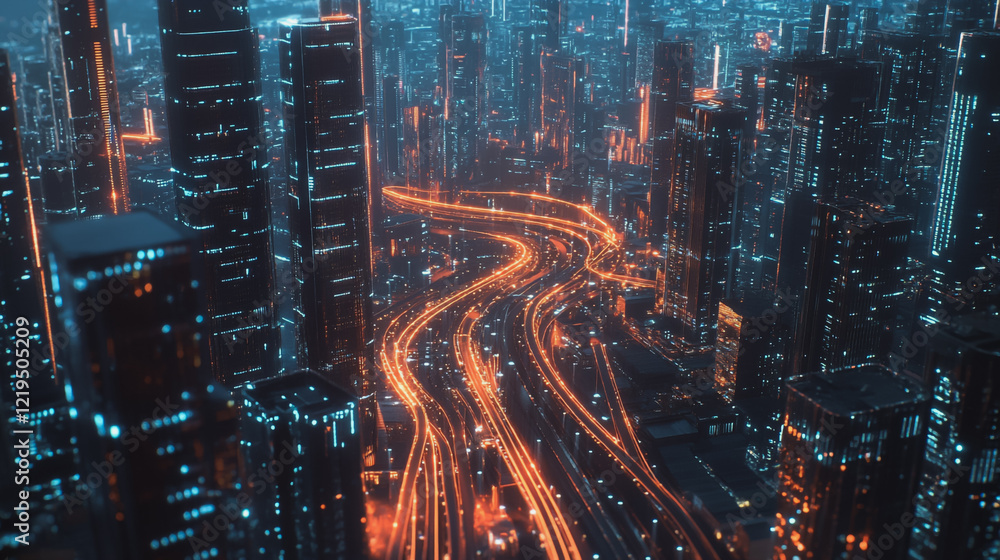 Fototapeta premium Smart digital Innovation city with connection network reciprocity over the twilight cityscape. of future smart wireless digital city and social media networking systems that connects people with city 