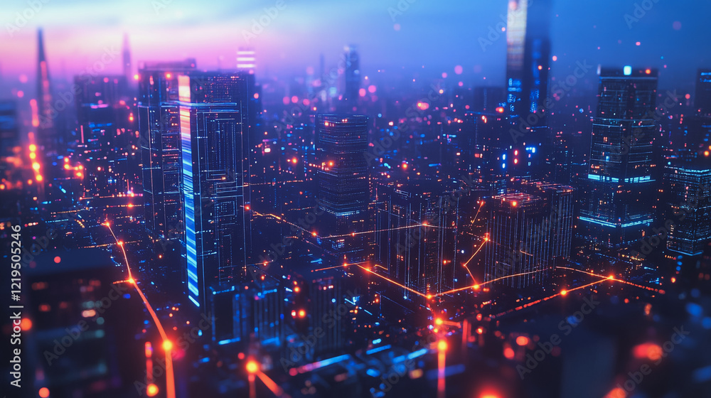 Smart digital Innovation city with connection network reciprocity over the twilight cityscape. of future smart wireless digital city and social media networking systems that connects people with city
Smart digital Innovation city with connection network reciprocity over the twilight cityscape. of future smart wireless digital city and social media networking systems that connects people with city