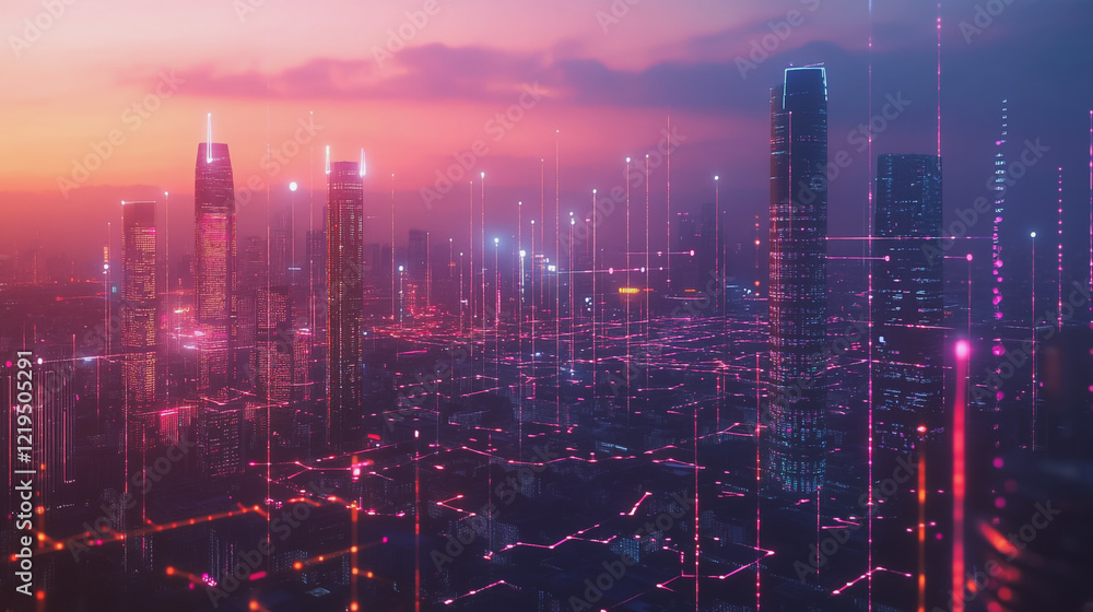 Fototapeta premium Smart digital Innovation city with connection network reciprocity over the twilight cityscape. of future smart wireless digital city and social media networking systems that connects people with city 