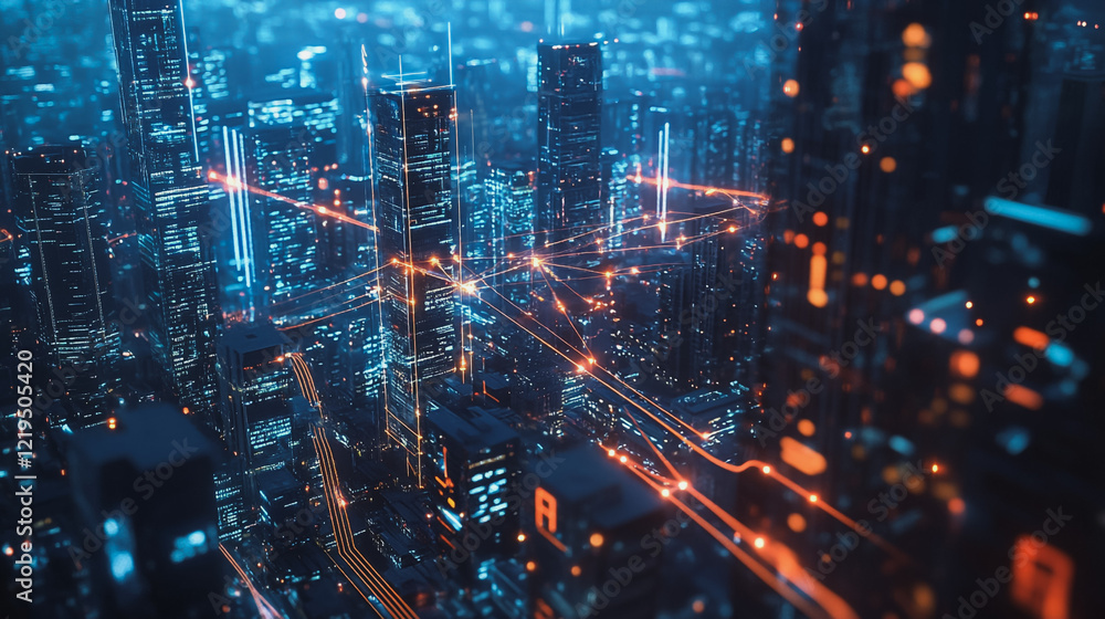 Naklejka premium Smart digital Innovation city with connection network reciprocity over the twilight cityscape. of future smart wireless digital city and social media networking systems that connects people with city 