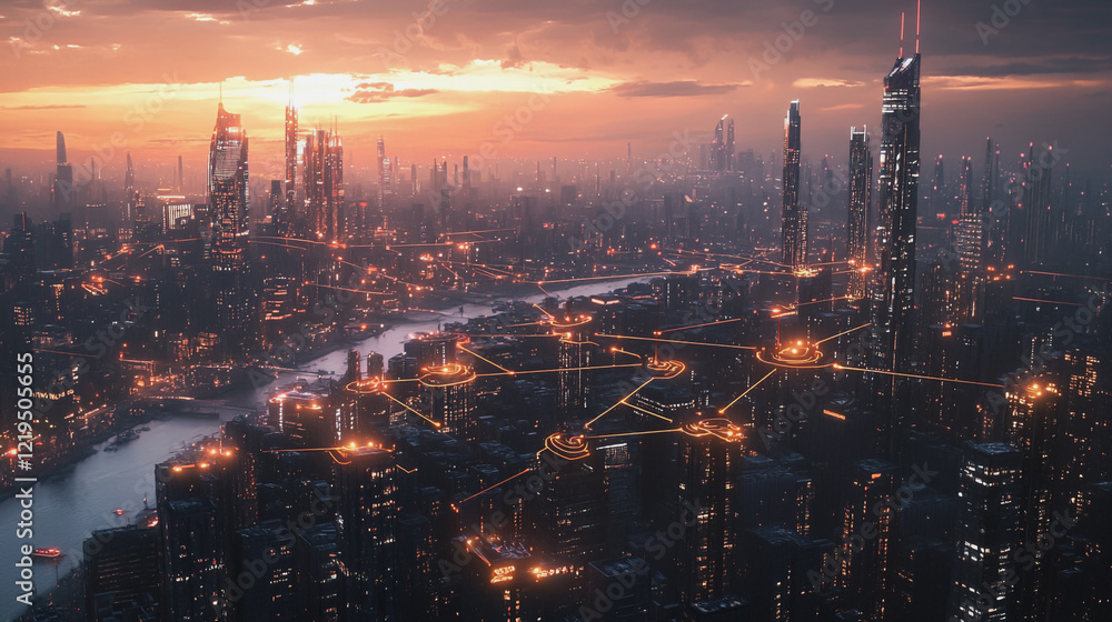 Obraz premium Smart digital Innovation city with connection network reciprocity over the twilight cityscape. of future smart wireless digital city and social media networking systems that connects people with city 