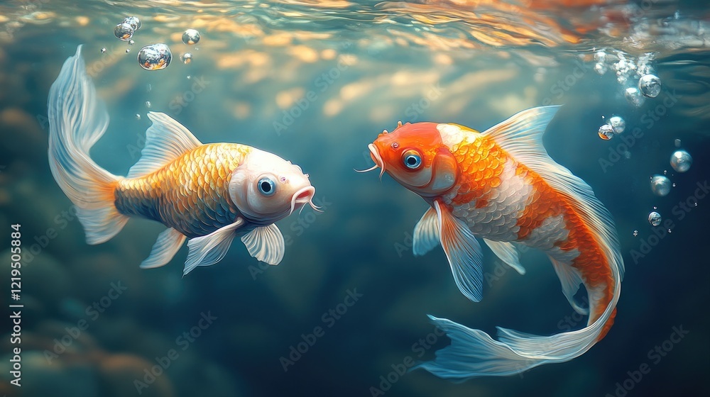 Fototapeta premium Three koi fish are depicted in a triptych format against a gradient background.