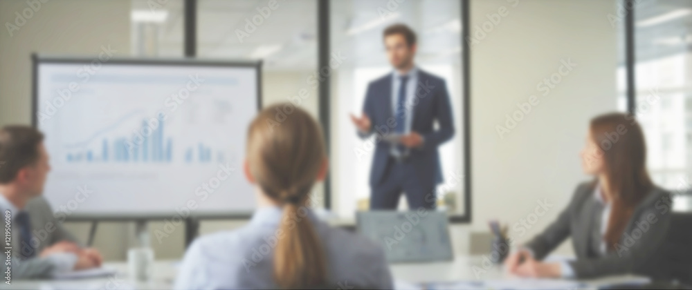 Blurred background of a confident presenter discussing company performance metrics in an open-plan office, wide Blurred background of a confident presenter discussing company performance metrics in an open-plan office, wide