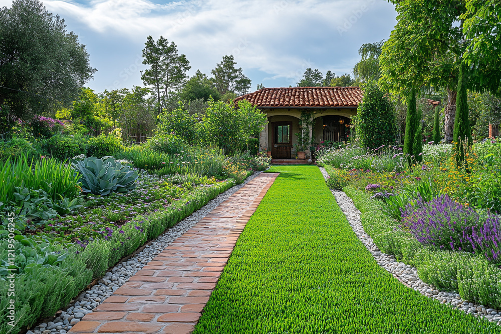 Obraz premium Garden Pathway Leads to Mediterranean Style House
