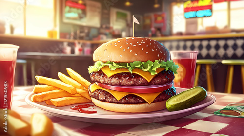 Mouthwatering Double Decker Burger with Fries and Pickles
