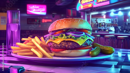 Juicy Cheeseburger with Fries and Pickles in Retro Diner