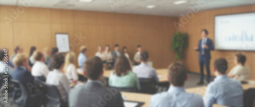 Blurred background of a focused office worker explaining financial projections during a corporate meeting, wide