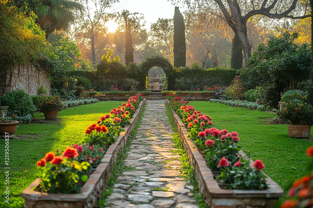 Obraz premium Sunlit Garden Path With Red Flowers And Stone Walls