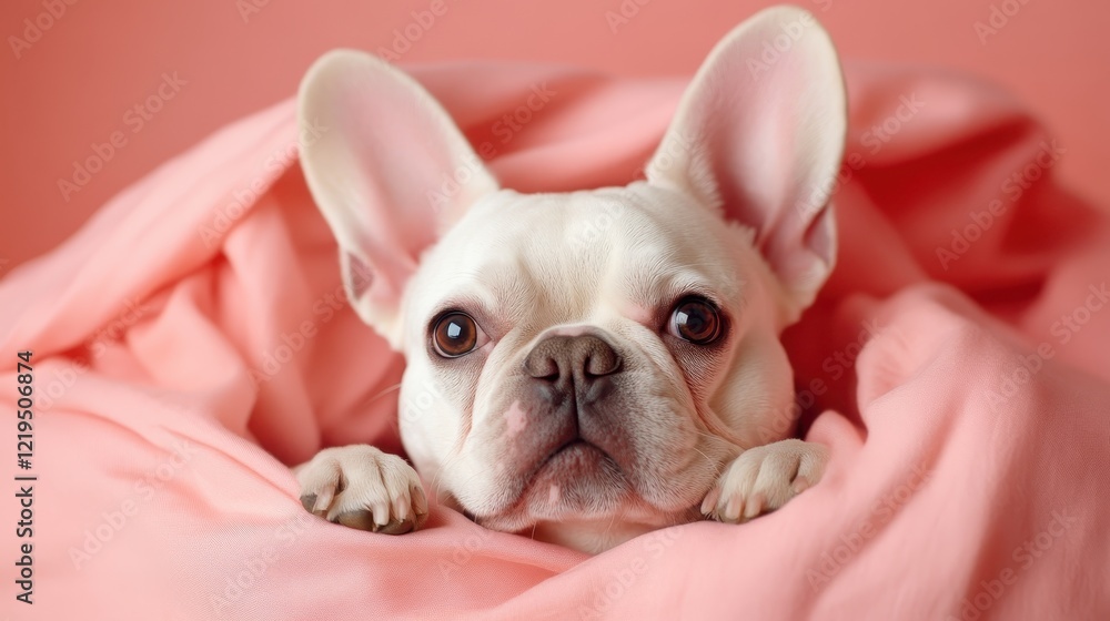 A cute French Bulldog peeks out from under a soft pink blanket, showcasing its expressive eyes and distinctive ears in a cozy and inviting setting. A cute French Bulldog peeks out from under a soft pink blanket, showcasing its expressive eyes and distinctive ears in a cozy and inviting setting.